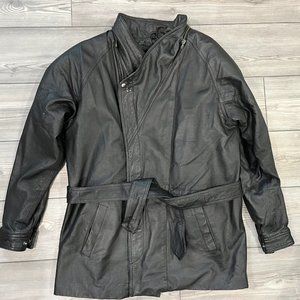 Black Leather Belted Mid Length Jacket Coat Faux Fur LineD